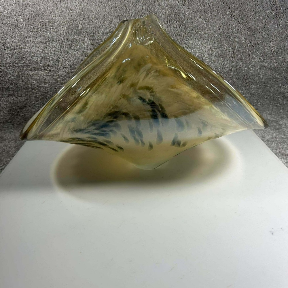 Featherlike Art Glass Bowl Amber Brown Mottled Pinched Rim Centerpiece Vase